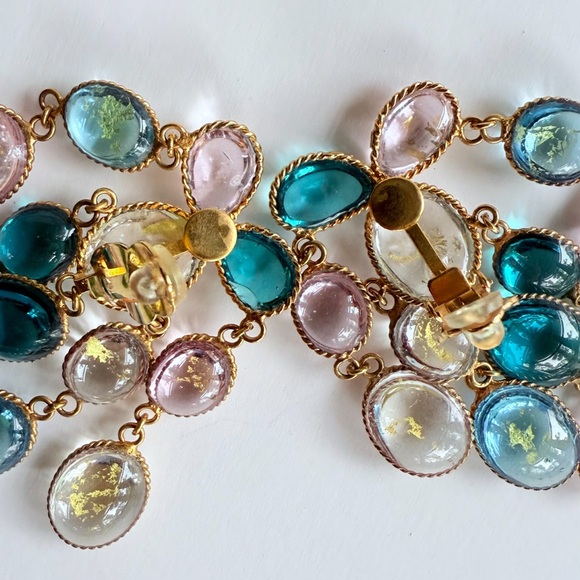 Vintage French Gripoix Poured Glass Chandelier Earrings Pink Blue Gold Leaf Foil - Picture 13 of 16